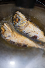Fried mackerel fish, cooking fish, healthy food.