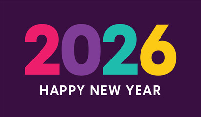 Bold, vibrant graphic displaying the year 2026 in bright, contrasting colors and the text 'happy new year' below, perfect for celebratory or forward-looking themes