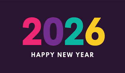 Vibrant modern graphic design showcasing the year 2026 in bold, colorful numbers with the text 'happy new year' below on a deep purple background, perfect for celebration and future themes.