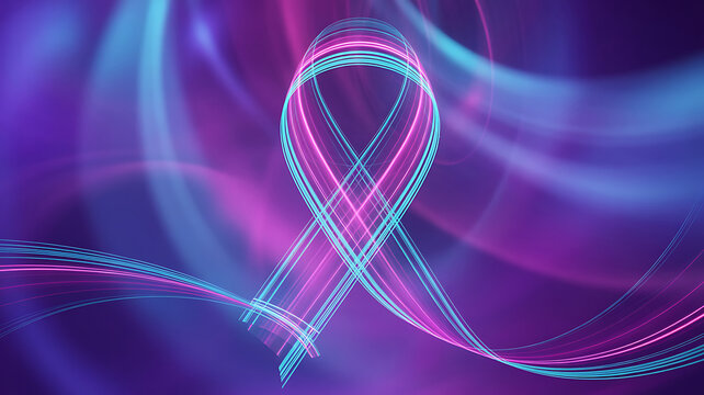 Abstract glowing pink and blue ribbon symbol of hope and awareness against a dark background