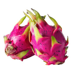 Two vibrant pink dragon fruits, slightly overlapping, showcasing their spiky green scales and dark seeds, against a black background
