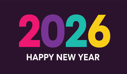 Vibrant colorful numbers 2026 and text happy new year on dark purple background, festive greeting card for holiday celebration, modern abstract design, graphic illustration