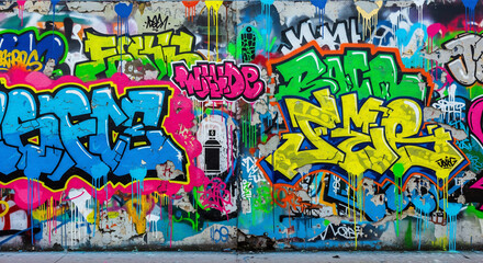 Fototapeta premium Colorful graffiti covers an old wall with various tags and drips of paint visible