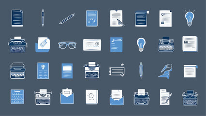 Fototapeta premium Collection of writing related illustrations featuring typewriters, pens, paper and lightbulbs in blue and white