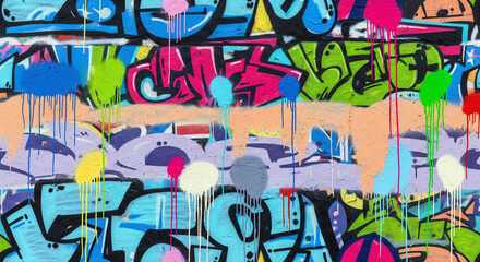 Colorful graffiti wall with paint splatters in various hues creating an abstract street art display