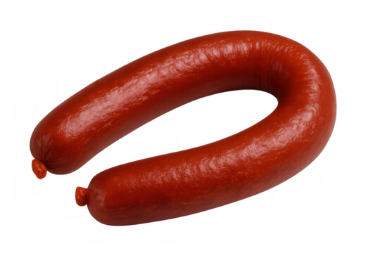 Smoked sausage with an appealing red color, delicious meat product, ready for cooking or eating, food on transparent background