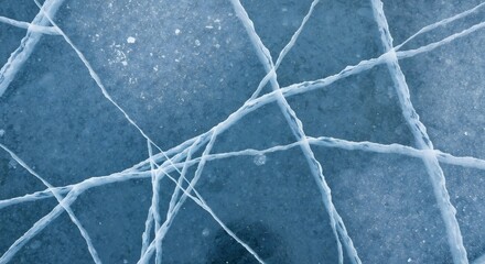 Cracked ice surface with blue tint and geometric patterns formed by fractures