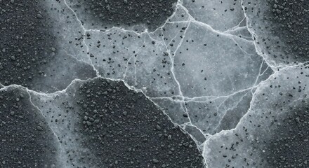 Cracked transparent ice surface over dark soil speckled with small pebbles