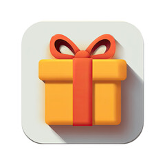 A stylized, 3D rendered illustration of an orange gift box with a red ribbon, presented on a square, off-white background with a drop shadow
