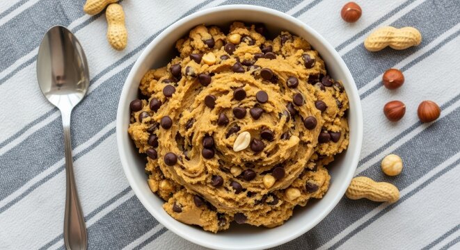 A bowl of delicious peanut butter cookie dough with chocolate chips and nuts, served with a spoon on a striped cloth background - Powered by Adobe