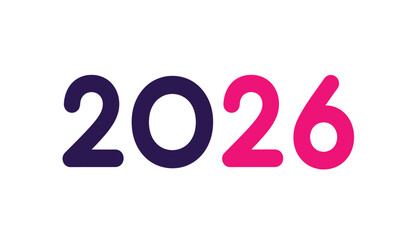 Bold, modern graphic featuring the year 2026 in contrasting dark purple and vibrant pink numerals against a clean, bright white background for new year themes.