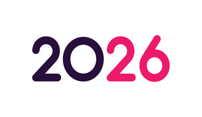 Vibrant digital graphic displaying the numbers 2026 in bold purple and pink fonts on a clean white background, representing future year celebrations and planning