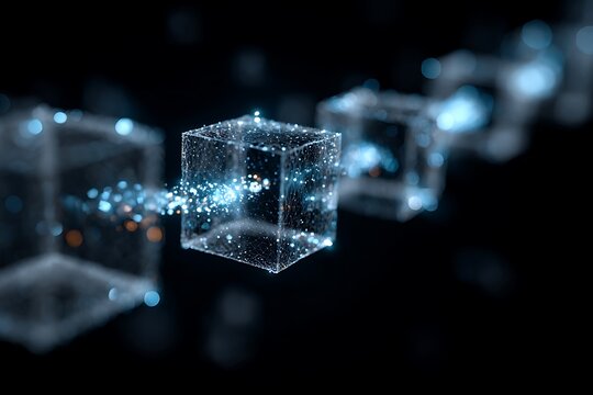Modern blockchain technology network with glowing cubes connecting in cyberspace, representing future innovation and digital transformation in sleek design