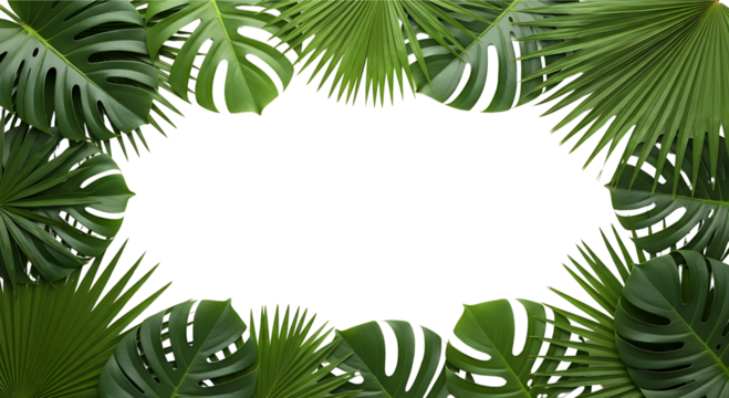 Lush green tropical leaves, including monstera and palm, forming a natural border around a clean white background, creating a vibrant botanical frame.