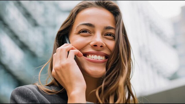 Smiling Business Professional Talking on Cell Phone in Front of Modern Corporate Building, Expressing Success and Optimism.