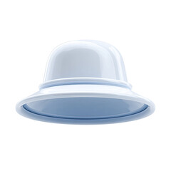 A smooth, white, dome-shaped hat with a wide, light-blue brim, seemingly made of a glossy material