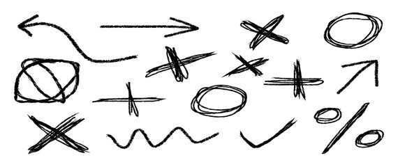 Charcoal Hand Drawn Pencil Arrows and Doodle Symbols Set. Abstract Scribbles, Sketchy Diagrams, and Chalk Arrow Vector Illustration on White Background