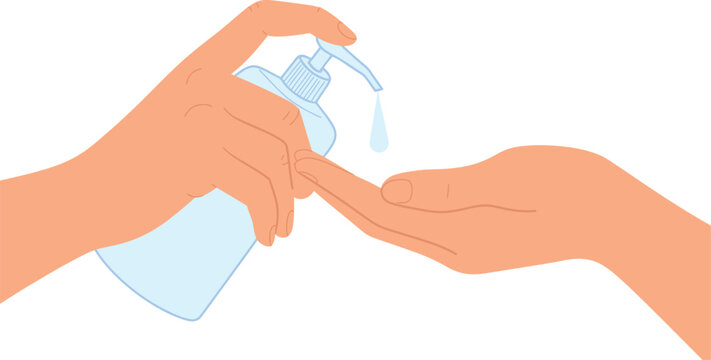 Cartoon Illustration Person Dispensing Hand Sanitizer from Blue Bottle onto Palm for Cleanliness