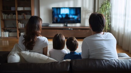 Back view of family watching television in the lounge