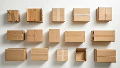 Cardboard Boxes Stacked Artistically on a White Wall with Soft Natural Light Creating Subtle Shadows