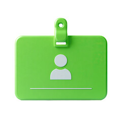 A bright green plastic ID badge with a clip and a simple person icon, ready for text