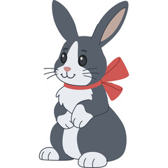 Cute Gray And White Rabbit With A Red Bow Sitting On A Transparent Background With A Charming Expression And Soft Features