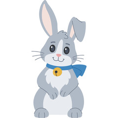 Cute Gray Bunny Rabbit With Blue Bow and Bell Collar Isolated on White Background Charming Cartoon Style Animal Illustration Perfect for Childrens Books and Easter Themes