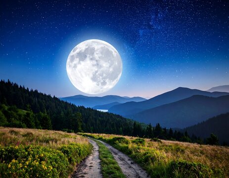 Scenic mountain range at night with a full moon and starry sky