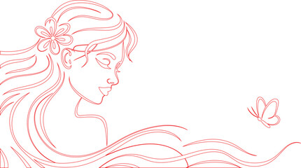 Red Line Art Serene Woman with Flower in Hair and Butterfly Sketch Illustration