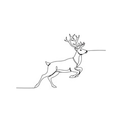 One continuous line drawing of christmas reindeer. Wild animal deer with antlers is dynamic silhouette in simple linear style. Editable stroke
