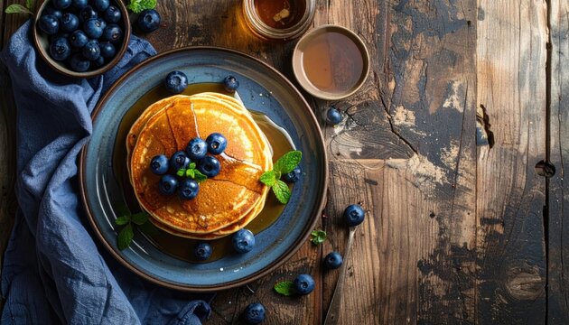 Golden Pancakes Stack Topped With Fresh Blueberries And Maple Syrup Served On A Rustic Wooden Table With A Dark Blue Napkin - Powered by Adobe