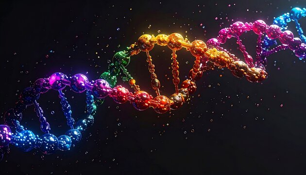 Abstract illustration of a colorful and vibrant double helix DNA strand against a dark background
