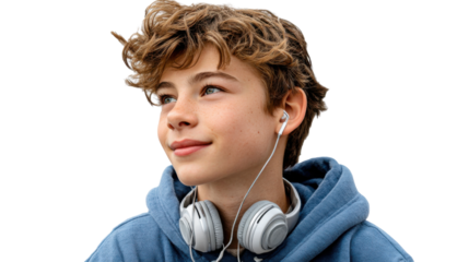Melody of Youth: A young individual with headphones, immersed in the rhythm of music, gazing with a subtle smile. 