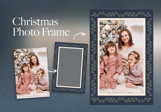 Christmas Photo Frame Flyer Template with Festive Foliage Border, Elegant Christmas Greetings Card