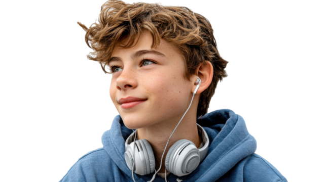 Melody of Youth: A young individual with headphones, immersed in the rhythm of music, gazing with a subtle smile. 