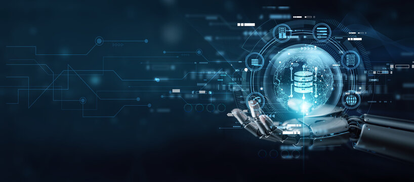 Data scientist hand holding globe with network connecting data big data analytics. Processing information, predictive insights, data mining, decision support, cloud analysis, and business intelligence - Powered by Adobe