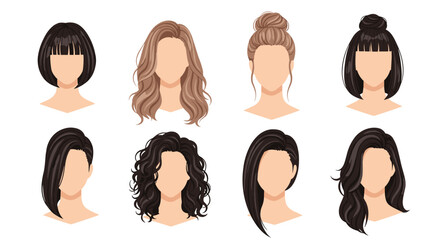 Collection of eight diverse female hairstyles rendered in a flat, vector illustration style.