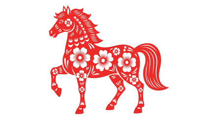 Traditional chinese red paper cut horse with floral patterns, symbolic of good fortune and the chinese zodiac, festive artwork for celebrations