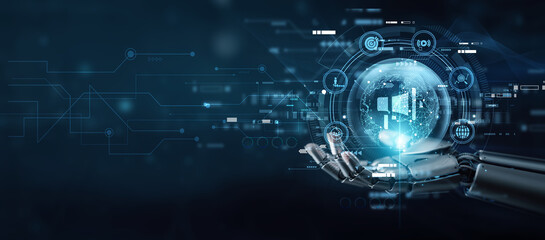 Strategist hand holding globe with network connecting data digital marketing campaign. Social media...