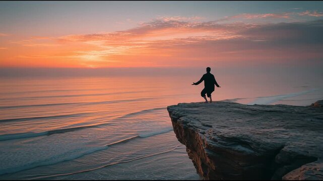 Serene Sunset Meditation on Cliff Edge Overlooking Ocean Waves. Solitary silhouette practicing yoga for mindfulness, peace, and spiritual connection.