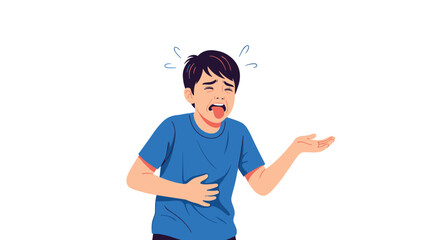 Boy with a disgusted expression and hand on his stomach, feeling sick.