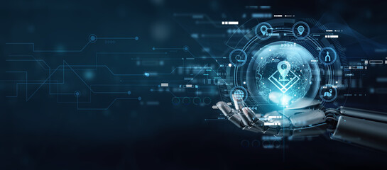 Analyst hand holding globe with network connecting data geographic information system. Spatial mapping, data visualization, terrain analysis, smart location tracking, and geospatial intelligence.