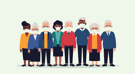 Diverse group of elderly people wearing protective face masks during a pandemic.