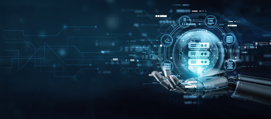 IT specialist hand holding globe with network connecting data hosting service. Cloud infrastructure, web deployment, server management, data storage, uptime reliability, online business scalability.