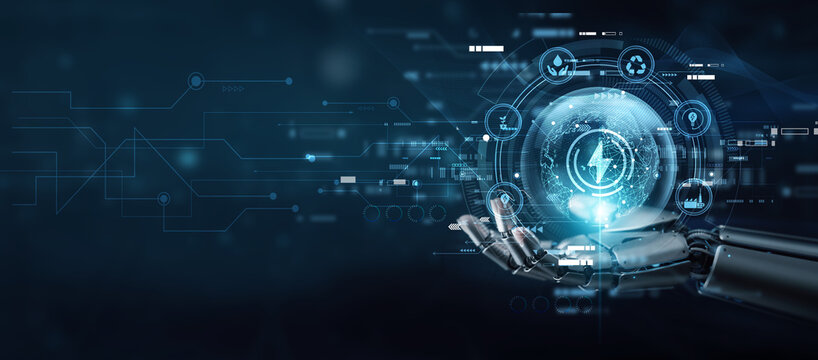Engineer hand holding globe with network connecting data energy technology advancement. Renewable power, smart grids, sustainability, clean innovation, systems, and global energy transformation.