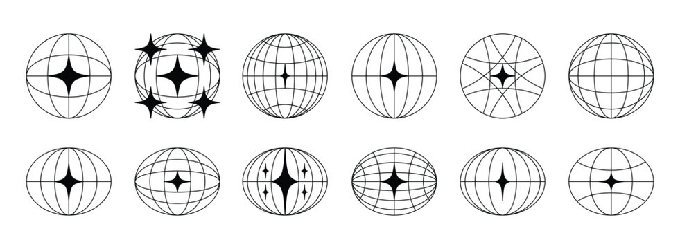 World globe retro grids in oval and round form with stars icons set. earth latitude and longitude line grid. futuristic design elements.