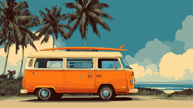 Orange volkswagen van with surfboard parked near palm trees and ocean under a cloudy blue sky scene