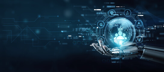 Executive hand holding globe with network connecting data leadership excellence. Inspiring teams, vision creation, strategic direction, innovation culture, organizational success, and empowerment.