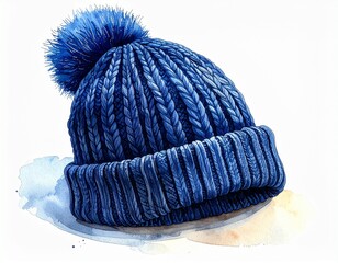Chunky knit cap featuring a prominent pom-pom and thick cable knitting pattern, illustrated in a beautiful watercolor style for fashion design