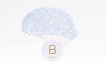Vitamin B capsule lifting an abstract, brain-like shape, symbolizing its role in brain health, memory, and cognitive function. 3D render.